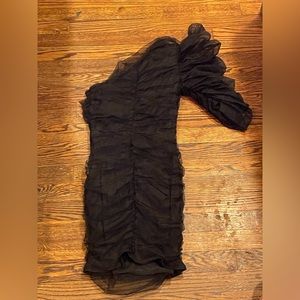 Black One Shoulder Ruching Stretch Mini Dress